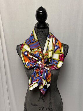 El & Company Colorful Abstract Print Triangle Scarf Button Accent Vintage USA